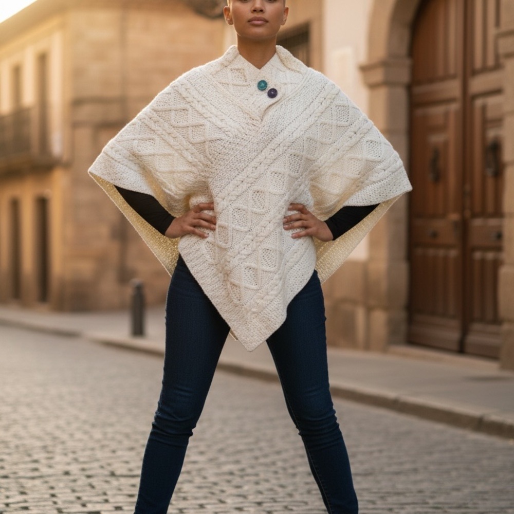 Aran sweater market Merino Wool Cable Knit Ivory Size Large 2 Button